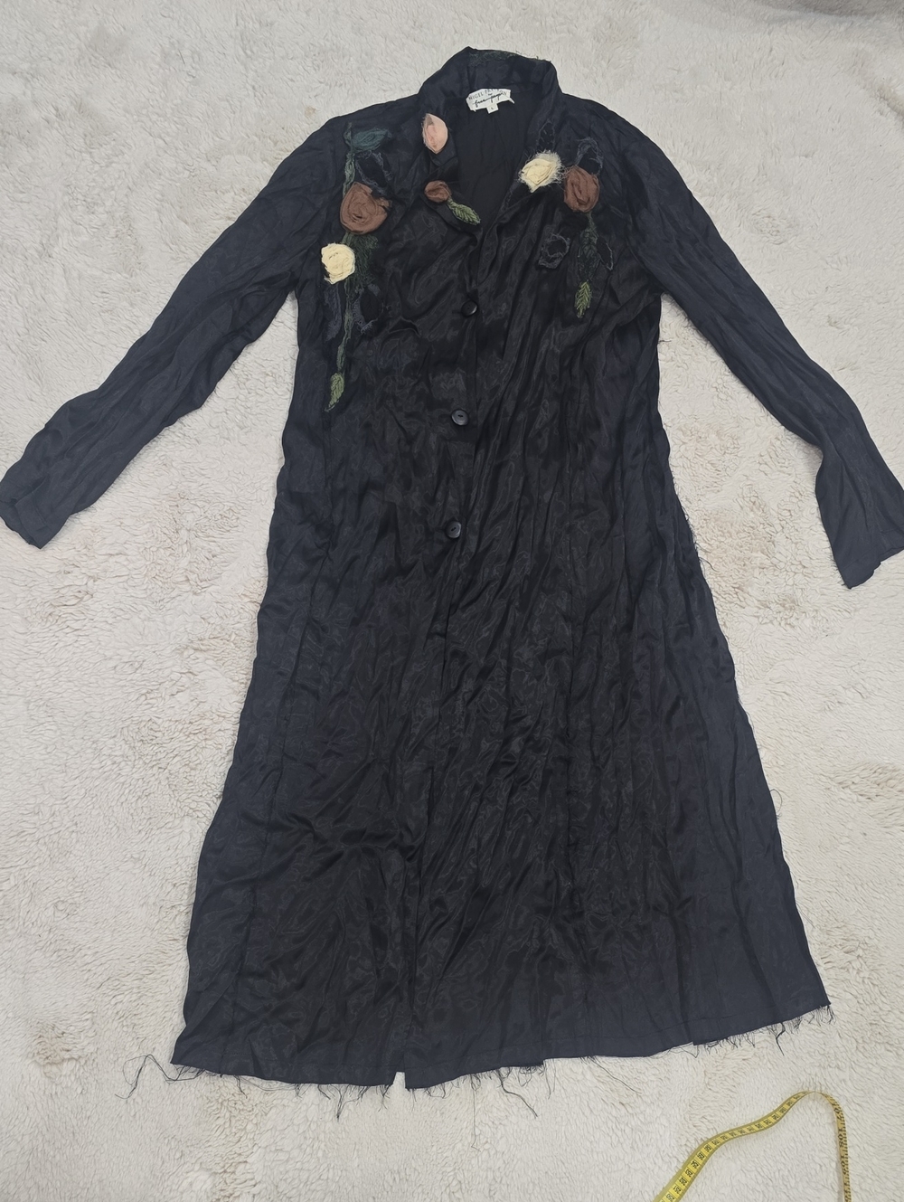 Free People Black Long Sleeve Button-Front Dress with Embroidered Floral Accents